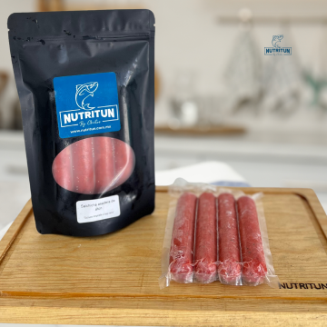 Paquete de salchicha asadera de atún 4 piezas
 Color-Natural Empaque-Alto vacío Presentación-300g